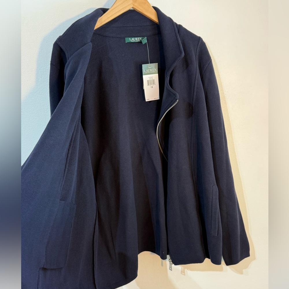 Lauren Ralph Lauren dark navy blue jacket sweater Cotton Blend Front Zipper 1X - Picture 8 of 9